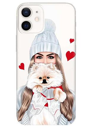 Прозрачный чехол на iphone 12 mini :: девушка с собачкой (принт 142)