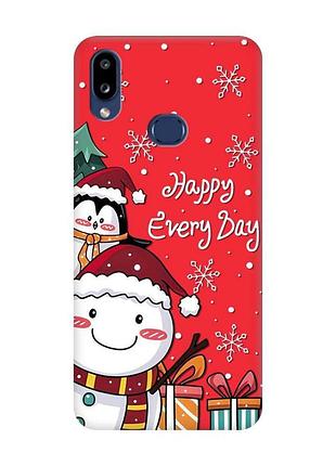 Матовый красный чехол на samsung galaxy a10ѕ a107 снеговик и пингвин (принт 156)