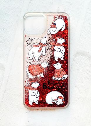 Чехол с плавающими блестками на iphone 13 красный :: мишки (принт 145)