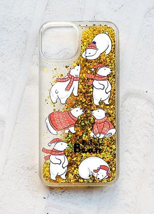 Чохол із плаваючими блискітками на iphone 13 золотий :: ведмедики (принт 145)