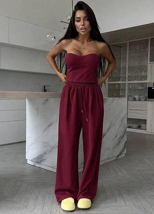 Женский спортивный костюм-тройка с корсетом, кофтой oversize и широкими брюками бордо, 42/46