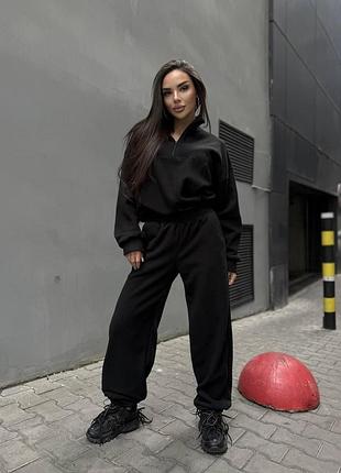 Женский теплый костюм oversize из двухстороннего polar флиса с брюками палаццо чорний, 42/44