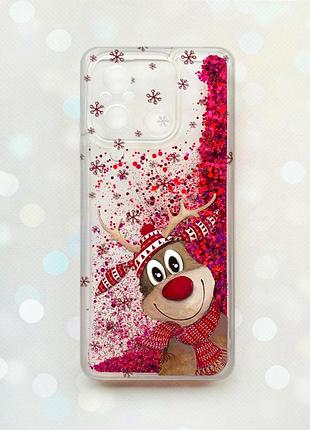 Чехол с плавающими блестками на xiaomi redmi 12c розовый :: зимний олень (принт 149)