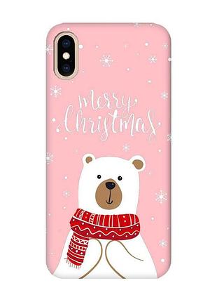 Матовый розовый чехол на iphone xs max мишка. с рождеством (принт 146)