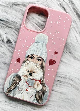Матовый чехол с розовыми боками на apple iphone 12 pro max девушка с собачкой (принт 142)