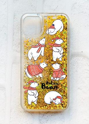 Чохол із плаваючими блискітками на iphone 11 золотий :: ведмедики (принт 145)