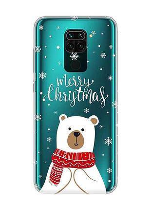 Прозрачный чехол на xiaomi redmi note 9 мишка. с рождеством (принт 146)