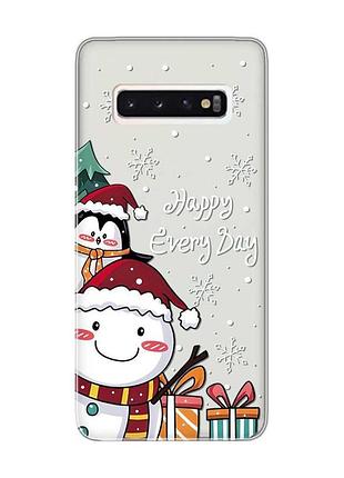 Прозрачный чехол на samsung galaxy s10 снеговик и пингвин (принт 156)