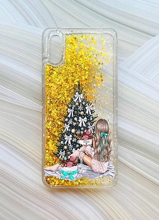 Чохол з плаваючими блискітками на xiaomi redmi 9a золотий дівчина біля ялинки (принт 139)