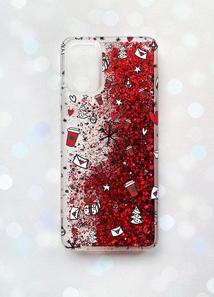 Чехол с плавающими блестками на samsung galaxy a03s (a037) красный новогодний фон (принт 182)