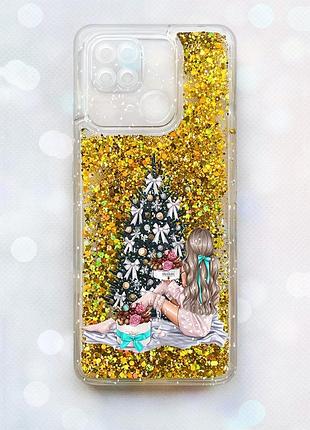 Чехол с плавающими блестками на xiaomi redmi 10с золотой :: девушка возле ёлки (принт 139)