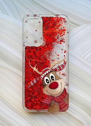 Чехол с плавающими блестками на samsung galaxy a24 (a245) красный зимний олень (принт 149)