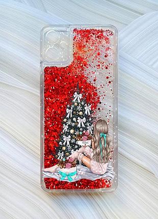 Чехол с плавающими блестками на samsung galaxy a05 (a055) красный девушка возле ёлки (принт 139)