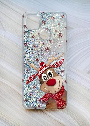 Чехол с плавающими блестками на xiaomi redmi 9c / 10a серебро зимний олень (принт 149)