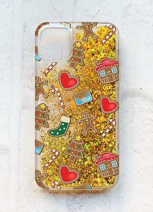 Чехол с плавающими блестками на iphone 11 золотой :: рождественский фон (принт 181)