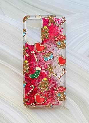 Чохол з плаваючими блискітками на xiaomi redmi note 11 рожевий різдвяний фон (принт 181)
