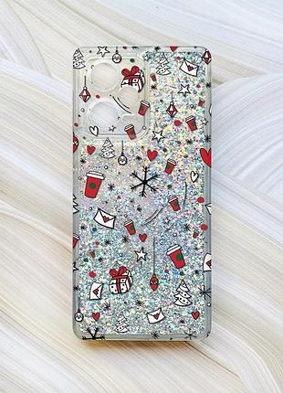 Чехол с плавающими блестками на xiaomi redmi note 12 pro plus серебро новогодний фон (принт 182)