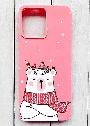 Матовый розовый чехол на xiaomi redmi 12 медведь в шарфе (принт 147)