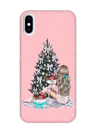 Матовий рожевий чохол на iphone x / xs новорічний дизайн дівчина біля ялинки (принт 139)