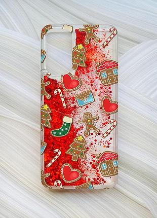 Чехол с плавающими блестками на xiaomi redmi note 11 красный рождественский фон (принт 181)