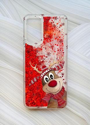 Чехол с плавающими блестками на xiaomi redmi note 11 красный зимний олень (принт 149)