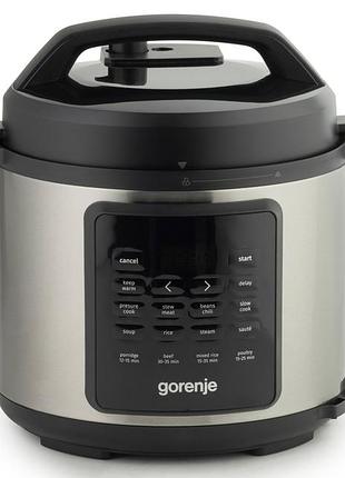 Мультиварка-скороварка gorenje, 1000вт, чаша-6л, электронное управление, 8 программ, металл/пластик, черный-нерж