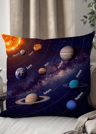 Декоративна подушка з яскравим космічним принтом із зображенням планет та орбіт на тлі зоряного неба 33 × 33 см. 1347235