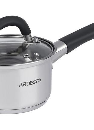 Ковш ardesto gemini salerno, стеклянная крышка, 0.8 л, серые ручки с силиконом, нержавеющая сталь