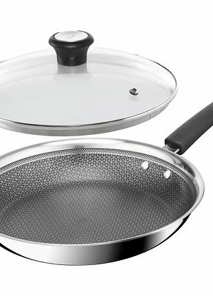 Сковорода tefal emotion+ power, 28см, с крышкой, нержавеющая сталь, сердцевина-алюминий, хромированная сталь, бакелит, стекло