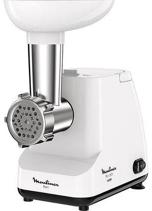 Мясорубка moulinex, 1400вт, продукт.-1.7кг/мин, 2 решетки+для колбас. в компл., пластик, белый