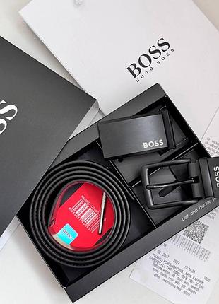 Чоловічий набір, ремінь hugo boss, чорний ремінь хуго босс з двома пряжками 🔥