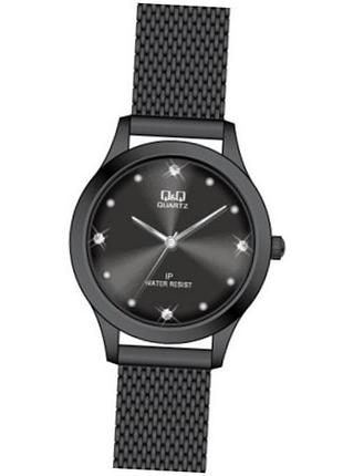 Женские часы q&q qz05j803y чёрный корпус чёрный браслет-сетка кристаллы-метки водозащита 30 м чёрный циферблат