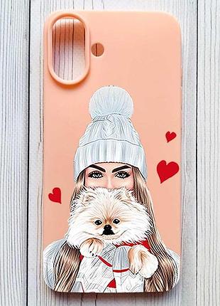 Матовий персиковий чохол на iphone 16 plus дівчина з песиком (принт 142)