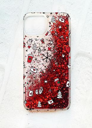 Чехол с плавающими блестками на iphone 13 красный новогодний фон (принт 182)
