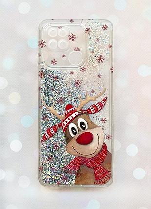 Чехол с плавающими блестками на xiaomi redmi 10с серебряный зимний олень (принт 149)