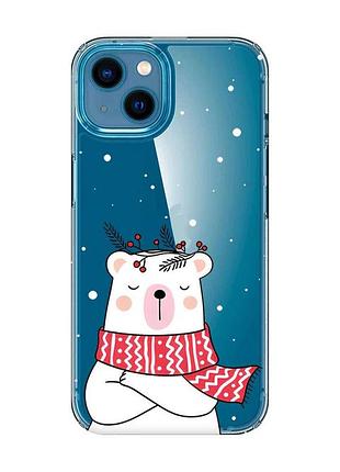 Прозрачный чехол на iphone 13 mini :: медведь в шарфе (новогодний принт 147)