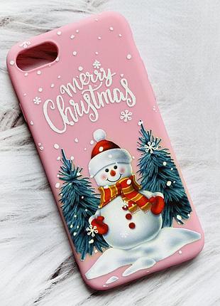 Матовый розовый чехол на iphone 7 plus/8 plus :: снеговик (новогодний принт 152)
