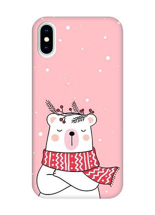 Матовый розовый чехол на iphone x / xs медведь в шарфе (принт 147)