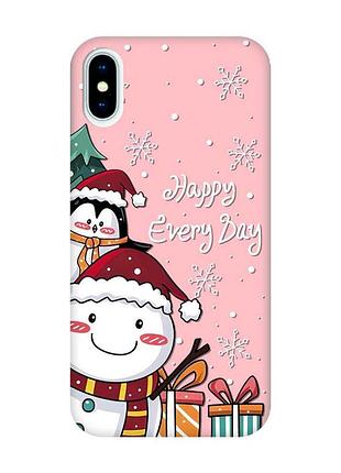 Матовый розовый чехол на iphone x/xs :: снеговик и пингвин (новогодний принт 156)