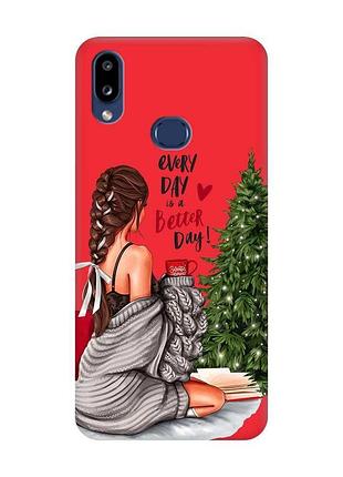 Матовый красный чехол на samsung galaxy a10ѕ a107 девушка возле ёлки (новогодний принт 186)