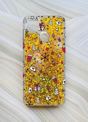 Чохол з плаваючими блискітками на xiaomi redmi 9c / 10a золотий новорічний фон (принт 182)