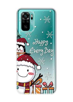 Прозорий чохол на xiaomi redmi note 10 / note 10s сніговик і пінгвін (новорічний принт 156)