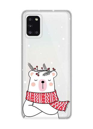 Прозрачный чехол на samsung a31 медведь в шарфе (новогодний принт 147)