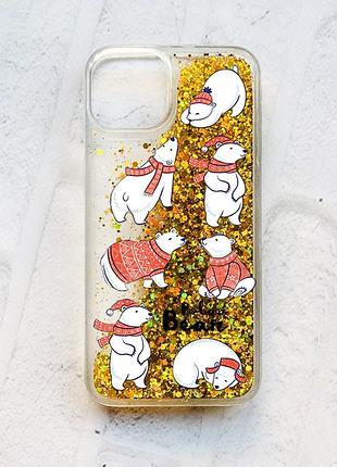 Чехол с плавающими блестками на iphone 14 золотой :: мишки (принт 145)