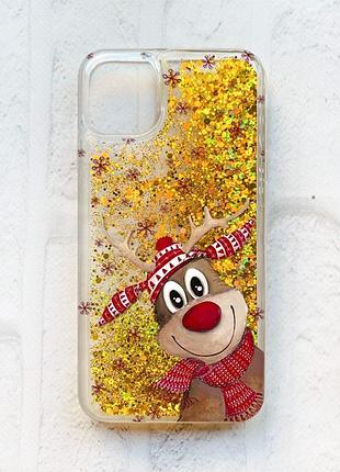 Чехол с плавающими блестками на iphone 11 :: золотой :: зимний олень (принт 149)
