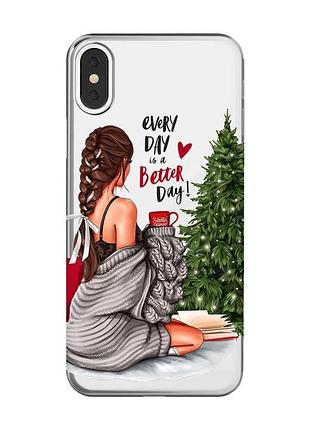 Прозрачный чехол на iphone x/xs :: девушка возле ёлки (новогодний принт 186)