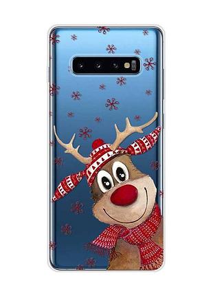 Прозрачный чехол на samsung galaxy s10 plus зимний олень (принт 149)