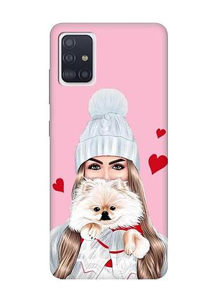 Матовый розовый чехол на samsung galaxy a71 / a715 девушка с собачкой (принт 142)