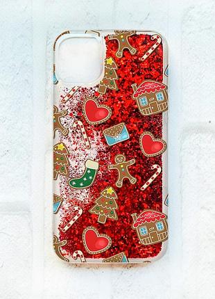 Чехол с плавающими блестками на iphone 11 :: красный :: рождественский фон (принт 181)