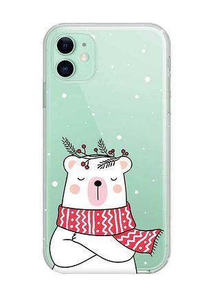Прозорий чохол на apple iphone 11 (6,1) ведмідь у шарфі (новорічний принт 147)